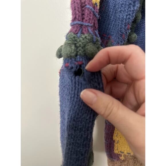 Vintage 90s Express Tricot Hand Knitted Sweater Medium Leaves Patchwork Boho - Picture 4 of 9